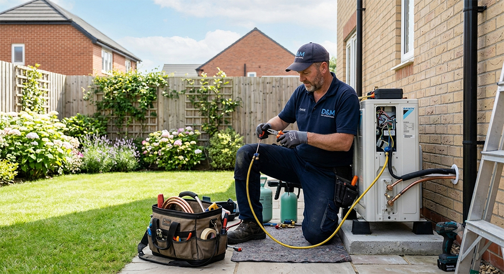 Engineer installing a split system Air Conditioning unit